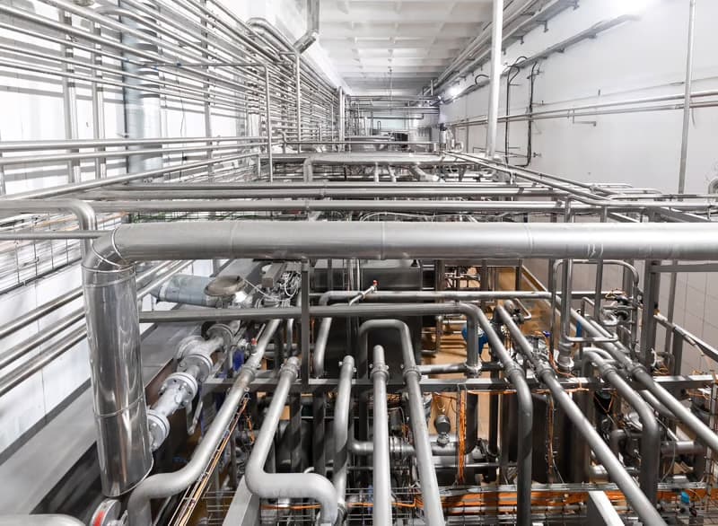 Stainless-steel process piping installed in an industrial facility